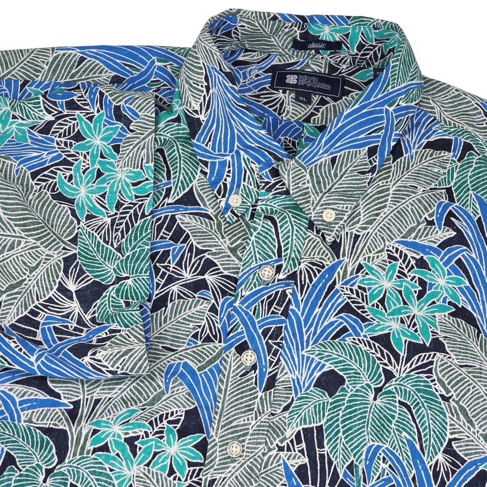 Reyn Spooner Classic Men's XL Blue Green Tropical Floral Cotton Popover Shirt